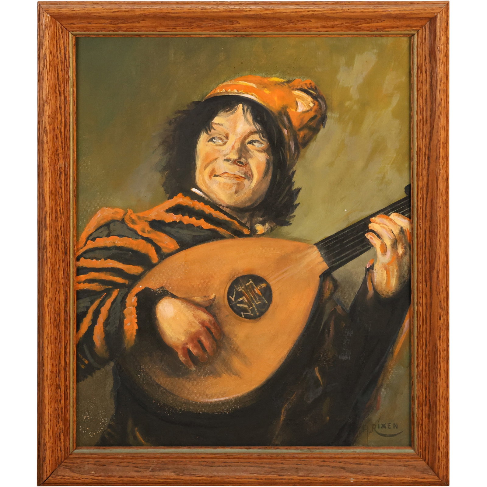 Signed Rixen, Oil on Board Painting, Musician Playing a Mandolin , Framed: This item requires an appointment scheduled via email (donny@donnymaloneauctions.com) at least 24 hours before pick-up. size: Signed Rixen, Oil on Board Painting, Musician Playing a Mandolin , Framed.