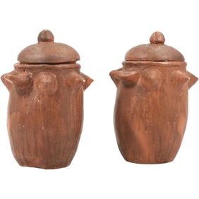 2 Unusual Red Clay Food Storage Containters with Lids, Stylized "Tit" Design Around Rim
