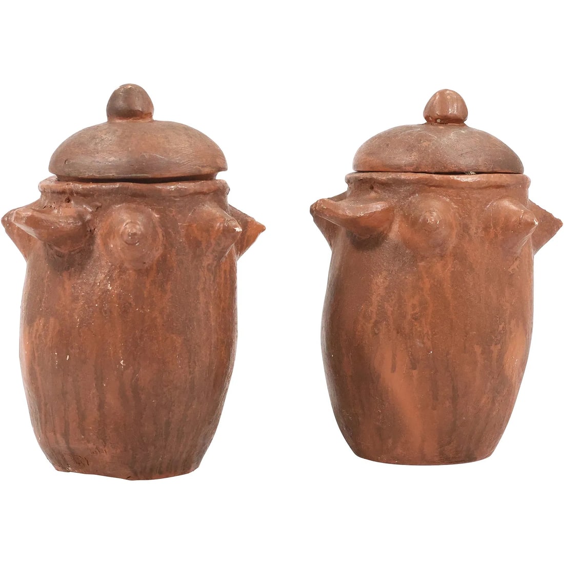 2 Unusual Red Clay Food Storage Containters with Lids, Stylized "Tit" Design Around Rim: " This item requires an appointment scheduled via email (donny@donnymaloneauctions.com) at least 24 hours before pick-up. 2 Unusual Red Clay Food Storage Containters with Lids, Stylized ""Tit"" Design
