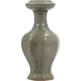 Antique Chinese Longquan Kiln Celadon Vase Signed on Base, 9 inches height