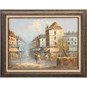 Parisian Street Scene, An Oil On Canvas Framed Painting By Caroline Burnett, Signed