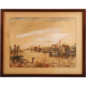 Rodney Skidmore (1933 - 2016) American; Watercolor Painting Fishing Boat at Fishing Shacks, 1950