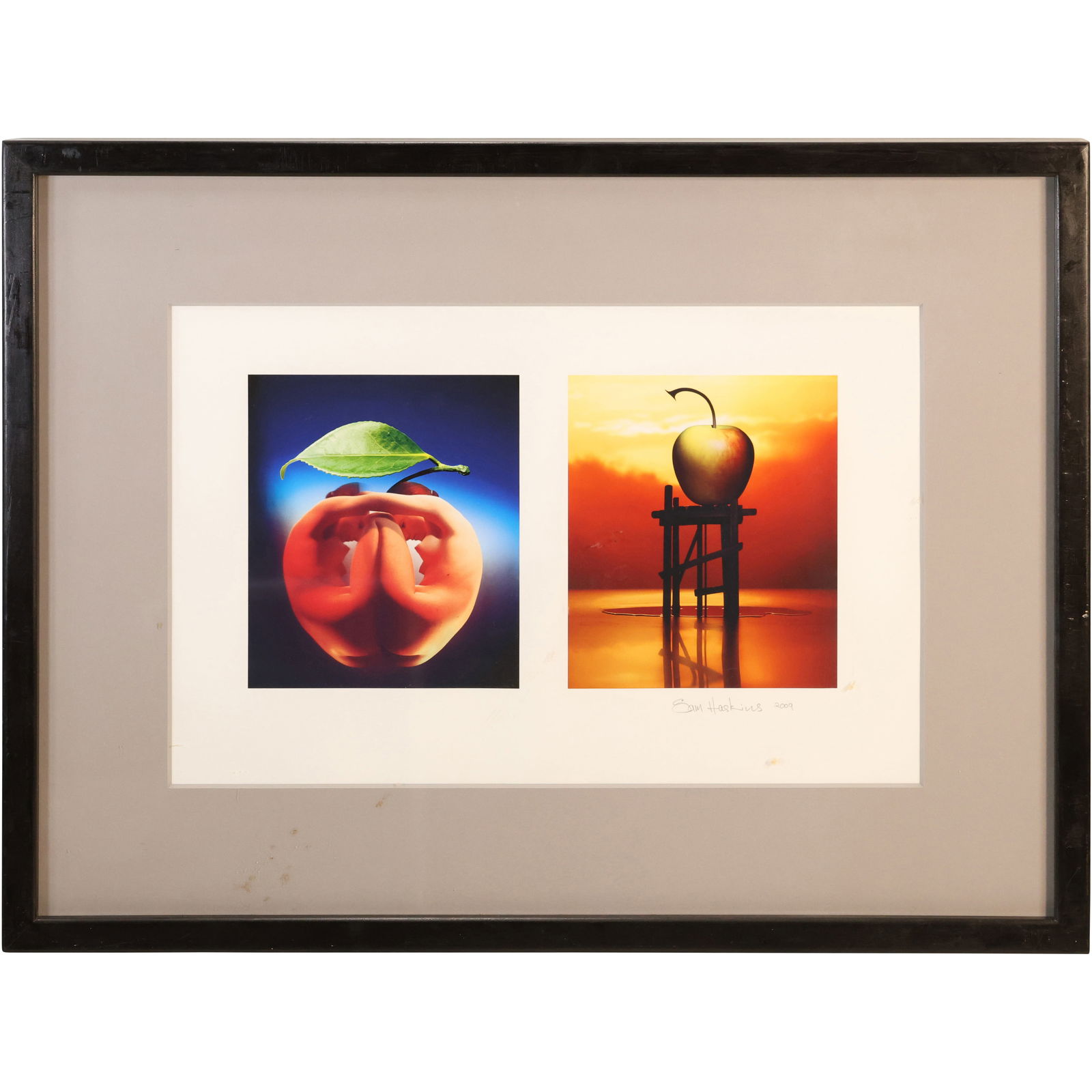 Sam Haskins 2009, Signed and Gallery Framed Photograph Surrealism Apples: This item requires an appointment scheduled via email (donny@donnymaloneauctions.com) at least 24 hours before pick-up. size: Sam Haskins 2009, Signed and Gallery Framed Photograph Surrealism Apples.