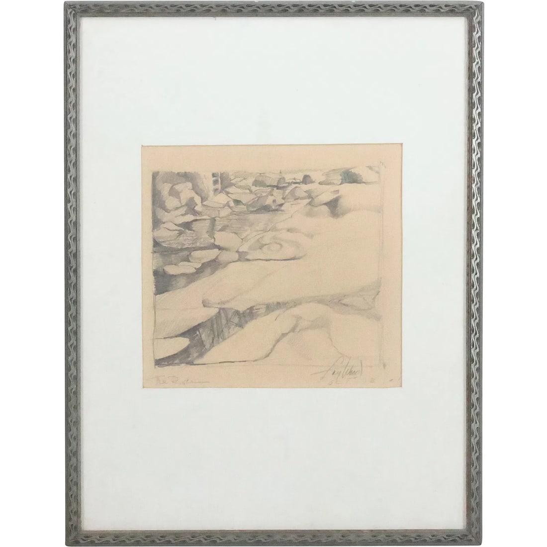 Fay Wood, The River, Pencil Drawing Rocky Creek near Woodstock NY: This item requires an appointment scheduled via email (donny@donnymaloneauctions.com) at least 24 hours before pick-up. size: Fay Wood, The River, Pencil Drawing Rocky Creek near Woodstock NY. size: 7