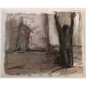 Unique Mixed Media Painting Signed HM '96, Dark Figure Kneeling in a Room