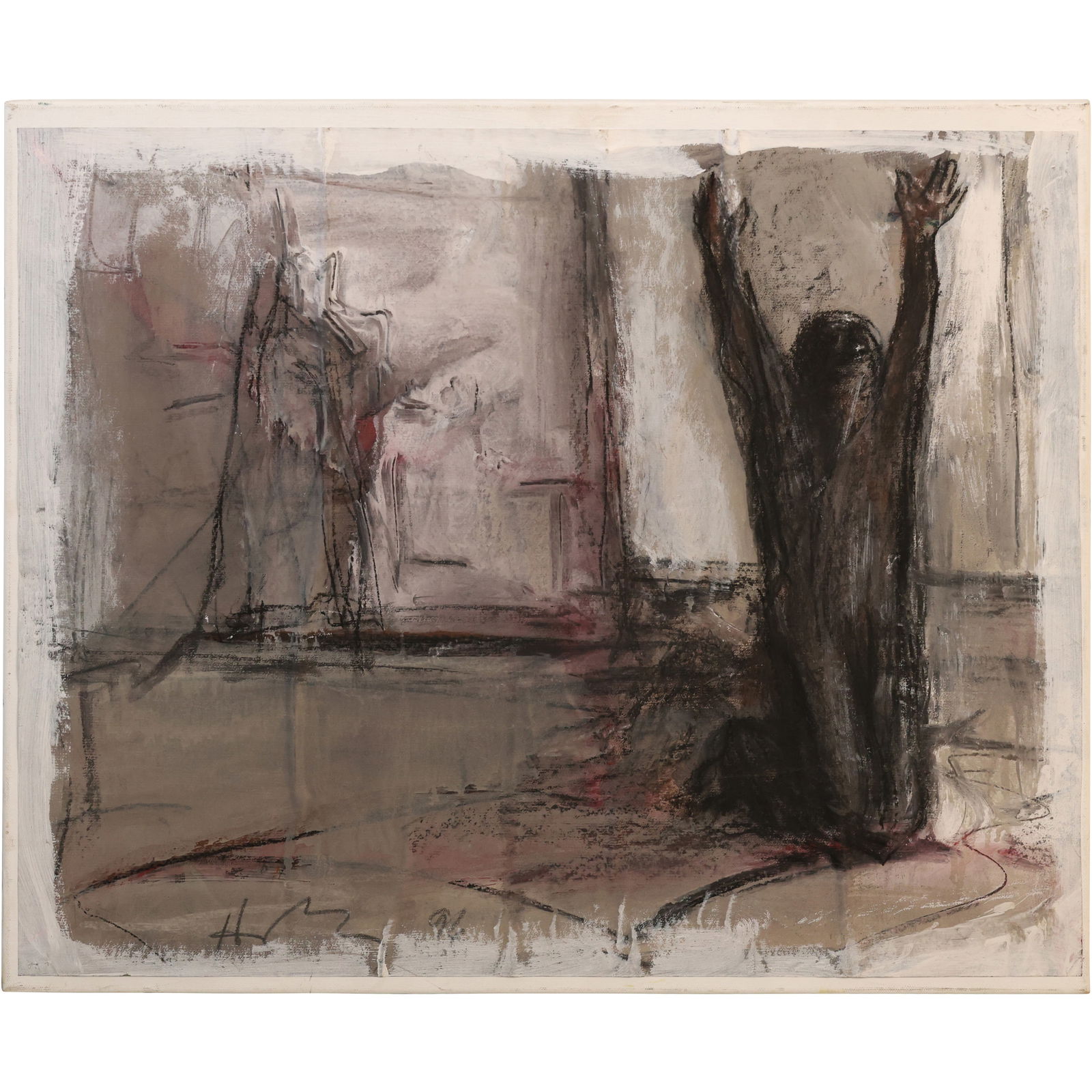 Unique Mixed Media Painting Signed HM '96, Dark Figure Kneeling in a Room (1 of 12)