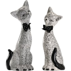 2 Vintage Ceramic Black & White Speckled Long Neck Cat Figurines Statues 10.5 in. height