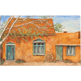 Artist Signed, Western American Adobe House Oil on Canvas Painting