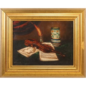Artist Signed Quality Still LIfe Oil Painting Violin, Music, Vase, Inkwell with Quill Pen