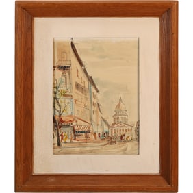 A A Balthasar, Watercolor Painting "View ot The Quarter" Exhibition Labelon Verso