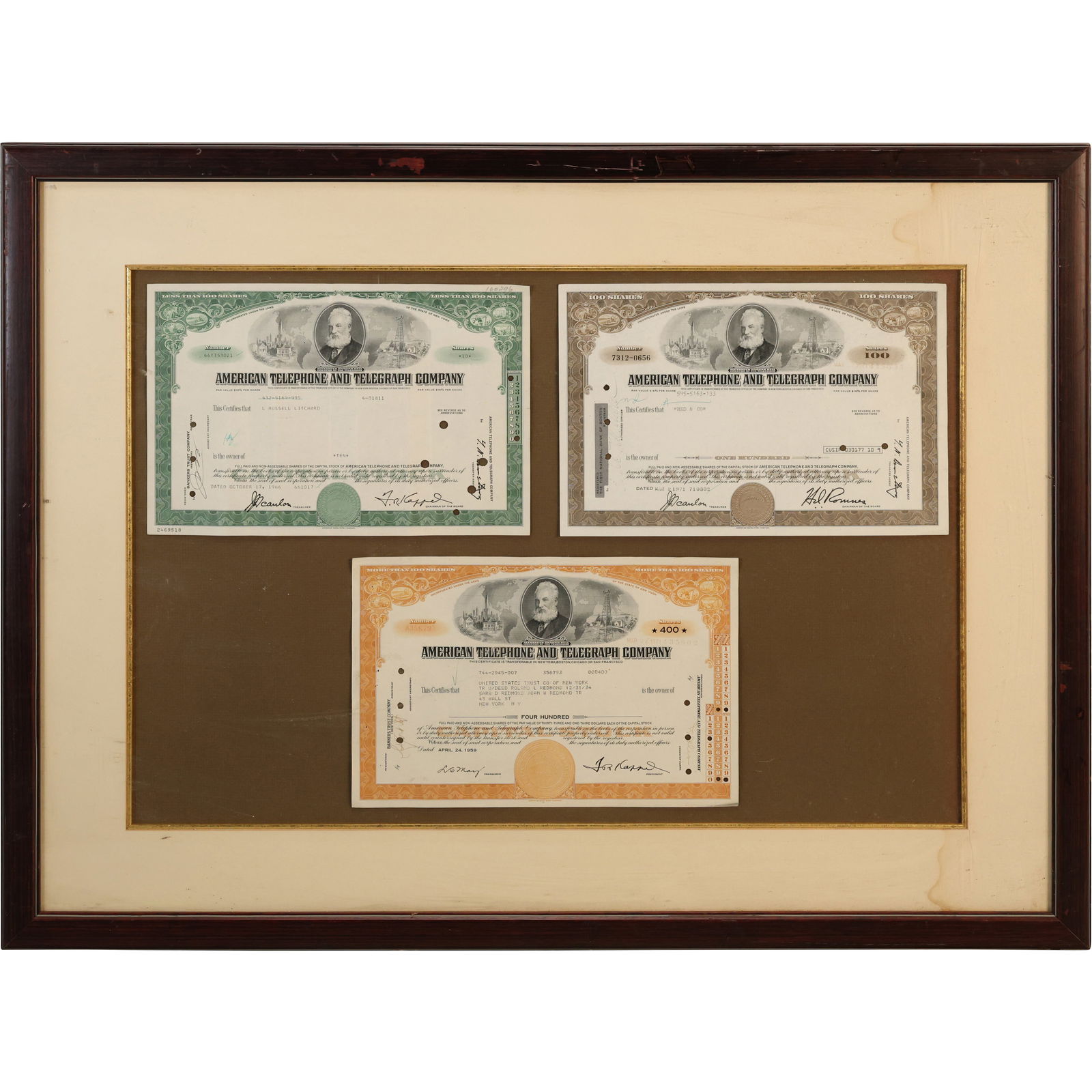 Framed 3 "A T & T Company" Stock Certificates 1950s, 1960s (1 of 20)