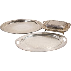 2 Silver Plate Round Serving Trays and Covered Casserole Dish