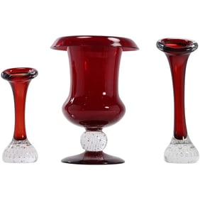 Set of 3 Pairpoint Ruby Glass 2 Vases and Ruby Urn with Controlled Bubble Clear Ball Bases
