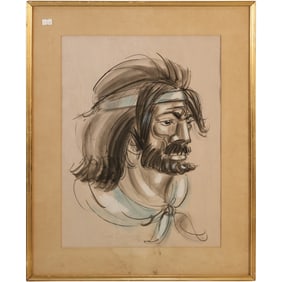 Mixed Media Portrait "Wanderer" Framed, Signed, Dated 1920