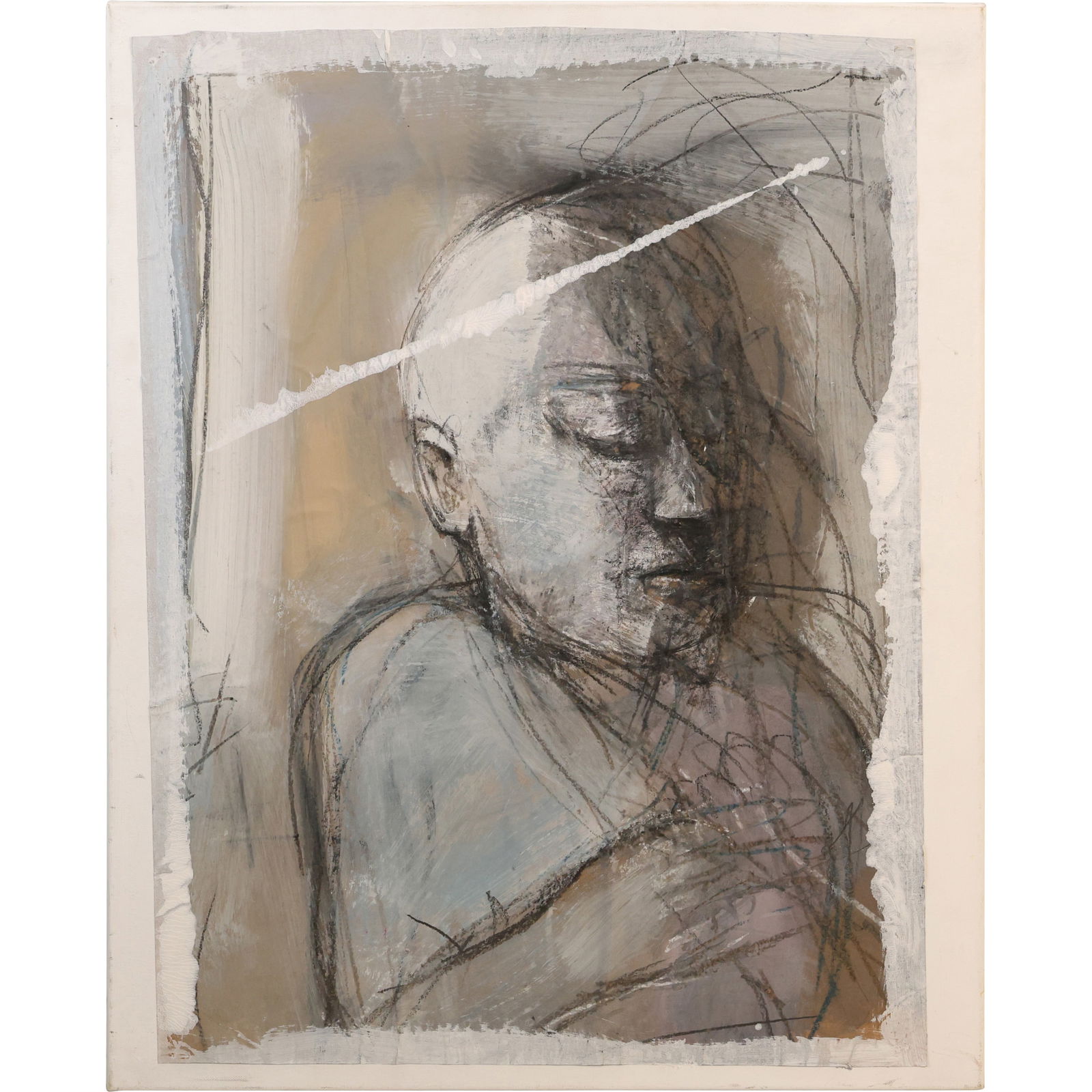 Mixed Media Painting on Paper, Portrait of a Man, 24 in. x 30 in.: This item requires an appointment scheduled via email (donny@donnymaloneauctions.com) at least 24 hours before pick-up. size: Mixed Media Painting on Paper, Portrait of a Man, 24 in. x 30 in. S:wndw