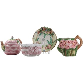 4 Assorted Pink Glazed Ceramic Tea Pot, Creamer, Bowl, Plate , Portugal, Fitz & Floyd, J Willfred