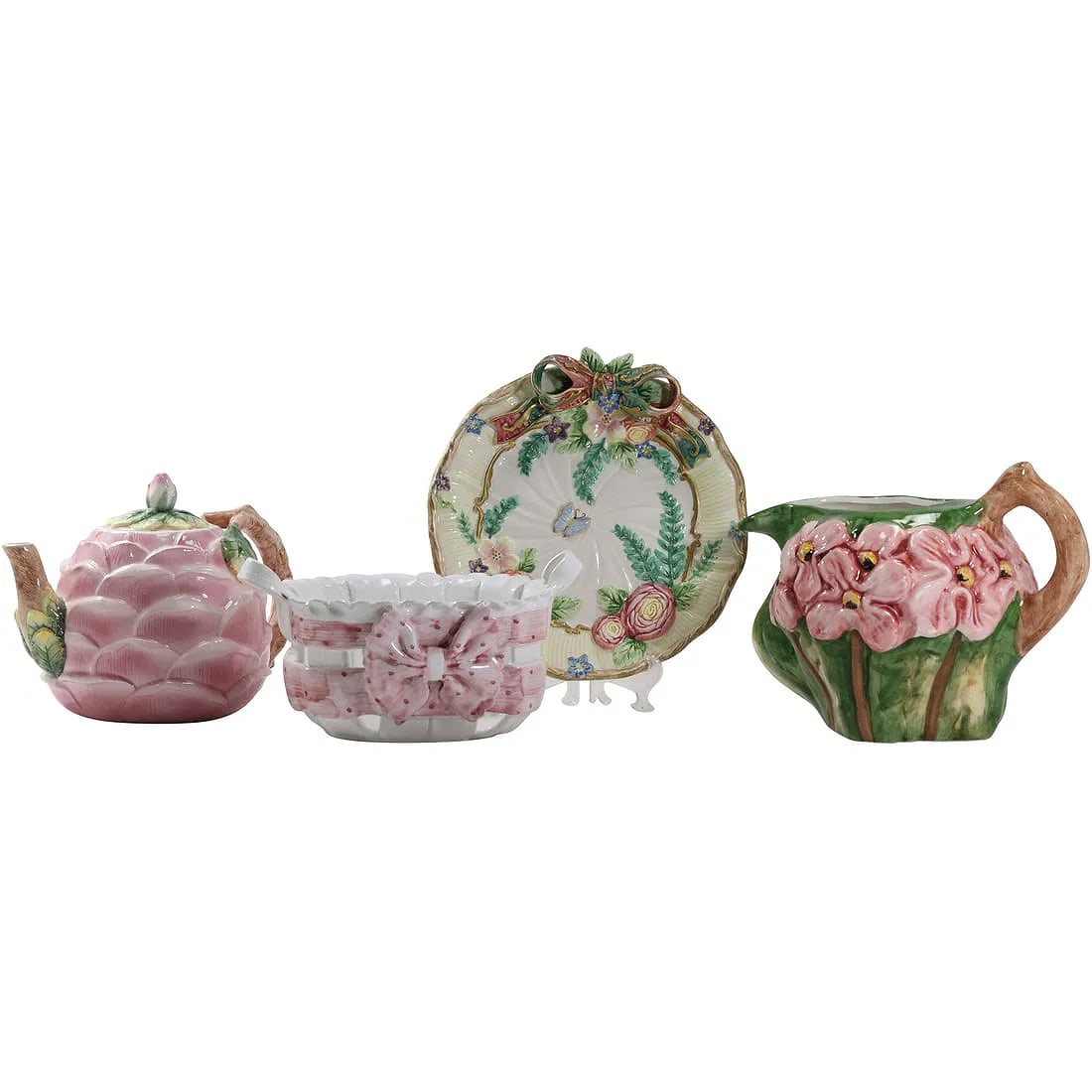 4 Assorted Pink Glazed Ceramic Tea Pot, Creamer, Bowl, Plate , Portugal, Fitz & Floyd, J Willfred (1 of 20)