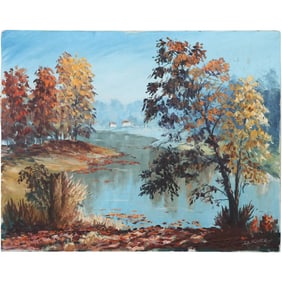 Signed C L Hover, Vintage Oil on Canvas Painting Landscape with River