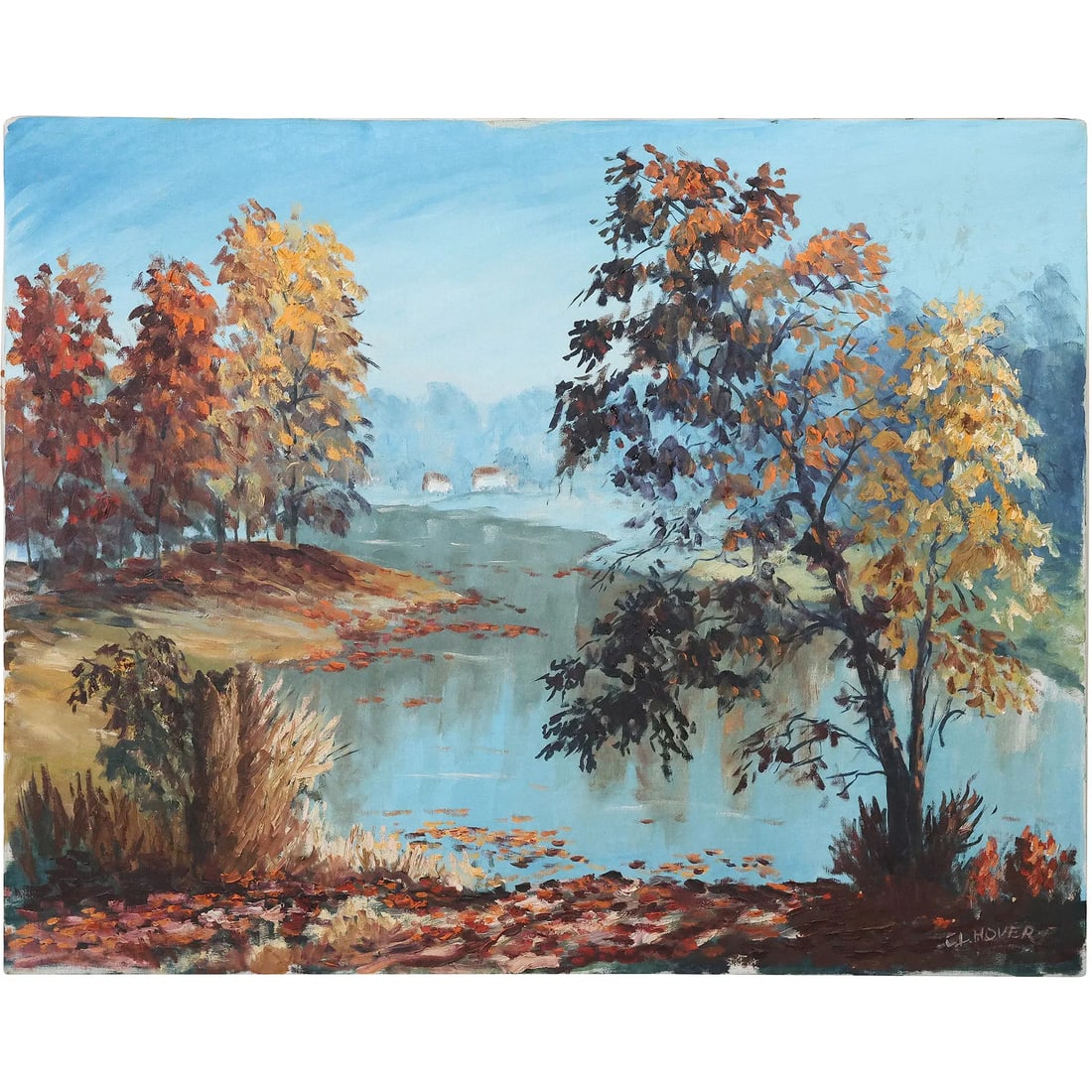 Signed C L Hover, Vintage Oil on Canvas Painting Landscape with River (1 of 14)