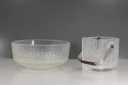 [2] 1960s Vintage Hoya Glacier Ice Bucket With Textured Ice Glass & Center Bowl 9.5 in. dia.