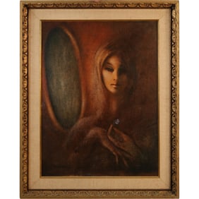 Signed Duranti, "Quarant Anni", Oil on Board Painting Portrait of a Young Woman next to a Mirror