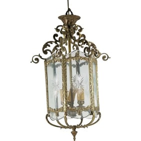 French Louis XIV Bronze and Etched Glass Panels Hanging Pendany Chandelier 25 in. length x 13 in.