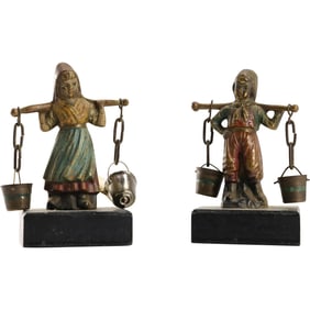 Vintage Bronze Dutch German Boy and Girl Carrying Water Buckets, Original Patina