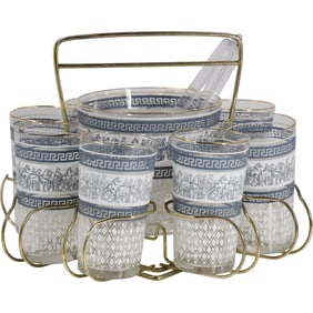 vintage Jeannette Glass "Corinthian Blue" barware set, ice bucket and 8 matching tumblers, Caddy