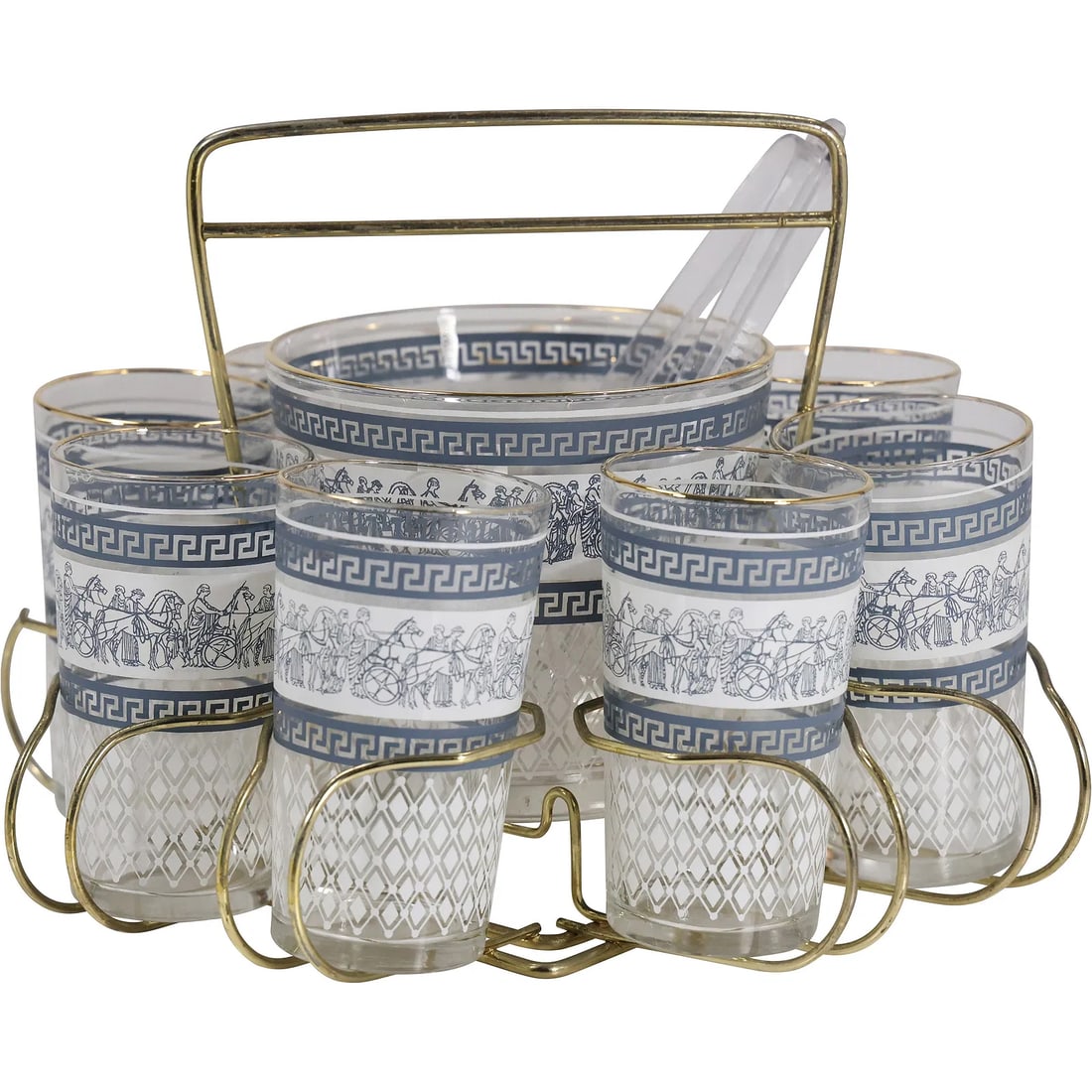 vintage Jeannette Glass "Corinthian Blue" barware set, ice bucket and 8 matching tumblers, Caddy (1 of 10)