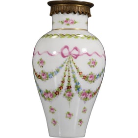 19th C. Sevres Porcelain Cabinet Vase with Ribbon Bow and Draped Roses Hand Painted 5 in. h.