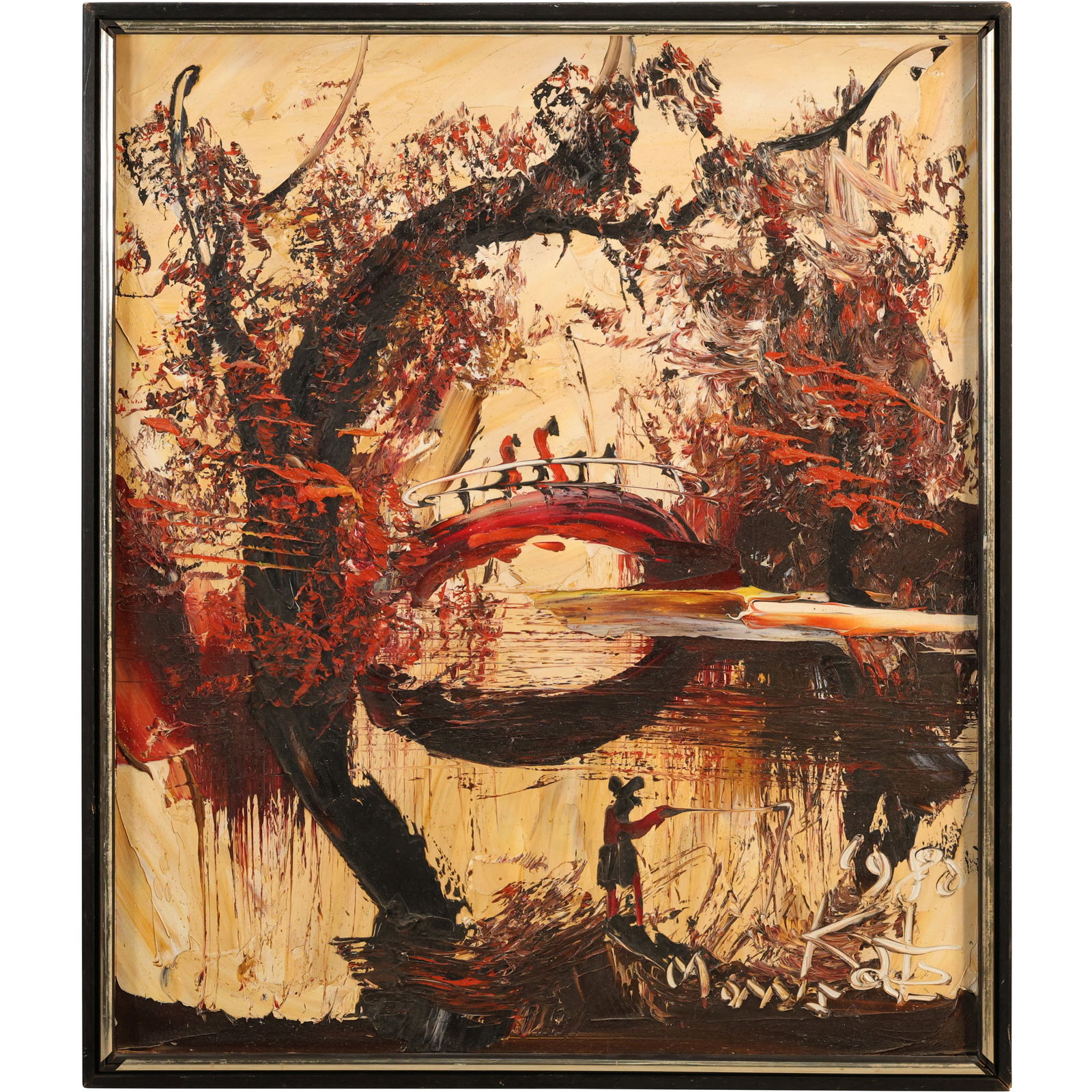 Morris Katz 1980, Jewish American, Acrylic Painting Walk Bridge in The Catskills with Figures: This item requires an appointment scheduled via email (donny@donnymaloneauctions.com) at least 24 hours before pick-up. size: Morris Katz 1980, Jewish American, Acrylic Painting Walk Bridge in The Cat