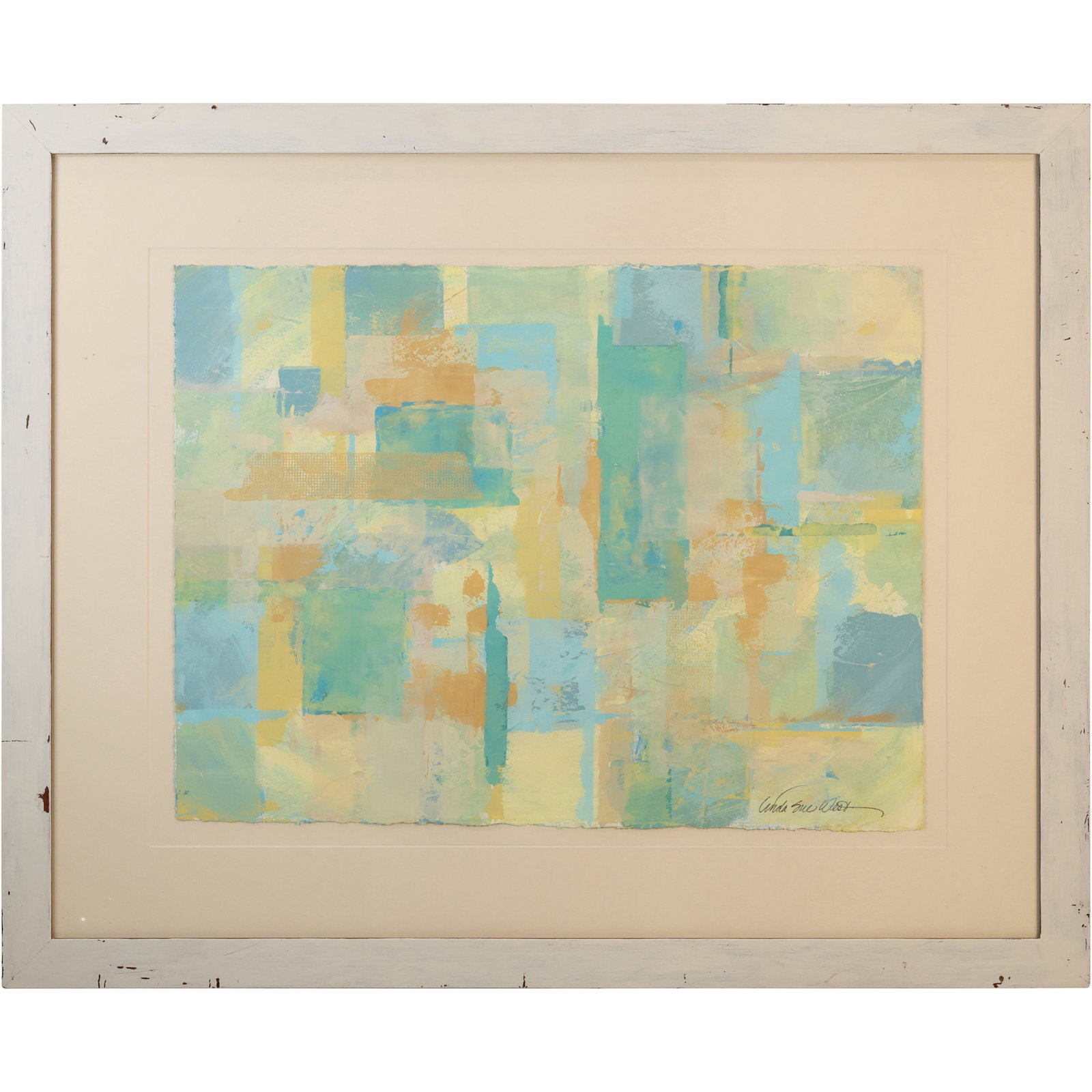 Linda Sue West, Abstract Squares Watercolor Painting, Signed and Framed: This item requires an appointment scheduled via email (donny@donnymaloneauctions.com) at least 24 hours before pick-up. size: Linda Sue West, Abstract Squares Watercolor Painting, Signed and Framed. s