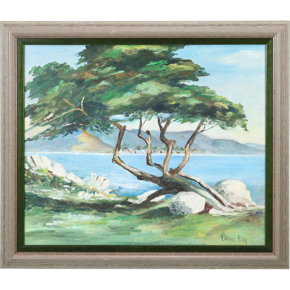 Signed Grace Eby, 20th C. Oil Painting, Tree at Shoreline Seascape, Framed: This item requires an appointment scheduled via email (donny@donnymaloneauctions.com) at least 24 hours before pick-up. size: Signed Grace Eby, 20th C. Oil Painting, Tree at Shoreline Seascape, Framed
