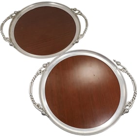 2 Mid-Century Modern Round Aluminum Serving Trays with Mahogany Panel Centers