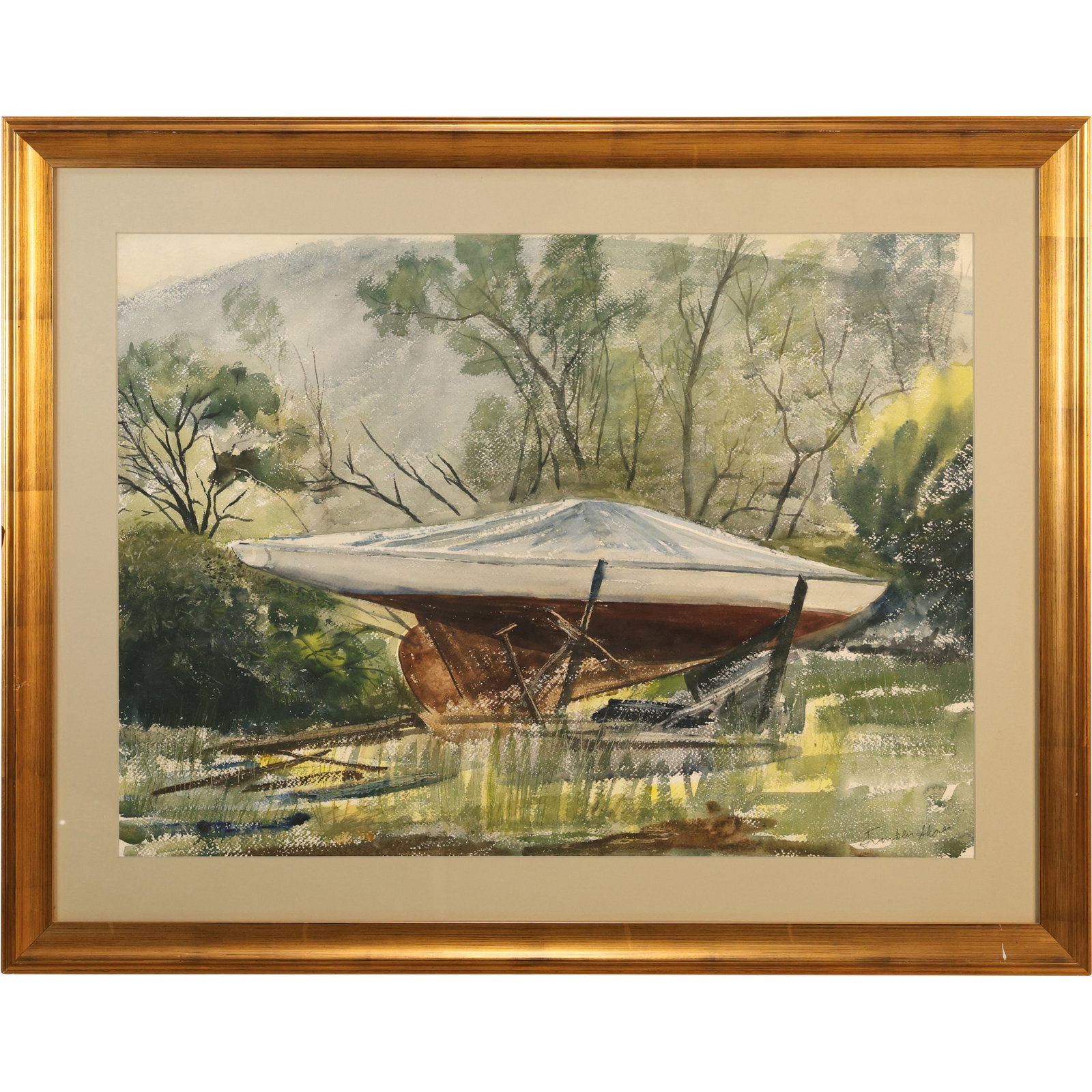James Franklin Shores (Born 1942 American], Watercolor Painting Drydock Boat Covered: This item requires an appointment scheduled via email (donny@donnymaloneauctions.com) at least 24 hours before pick-up. size: James Franklin Shores (Born 1942 American], Watercolor Painting Drydock Bo