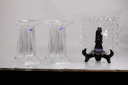 [3] WATERFORD MARQUIS Crystal Glass Platter and 2 Crystal Glass Stands