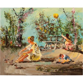 Morris Katz 1980, Jewish American, Acrylic Painting, Family Outing Picnic