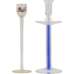 [2] Tall Glass Candle Holder with Enameled Bird in Relief; Modern Design Blue Post Candlestick