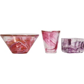 3 Assorted KOSTA BODA Abstract Swirl Colored Glass Bowl and Candleholders