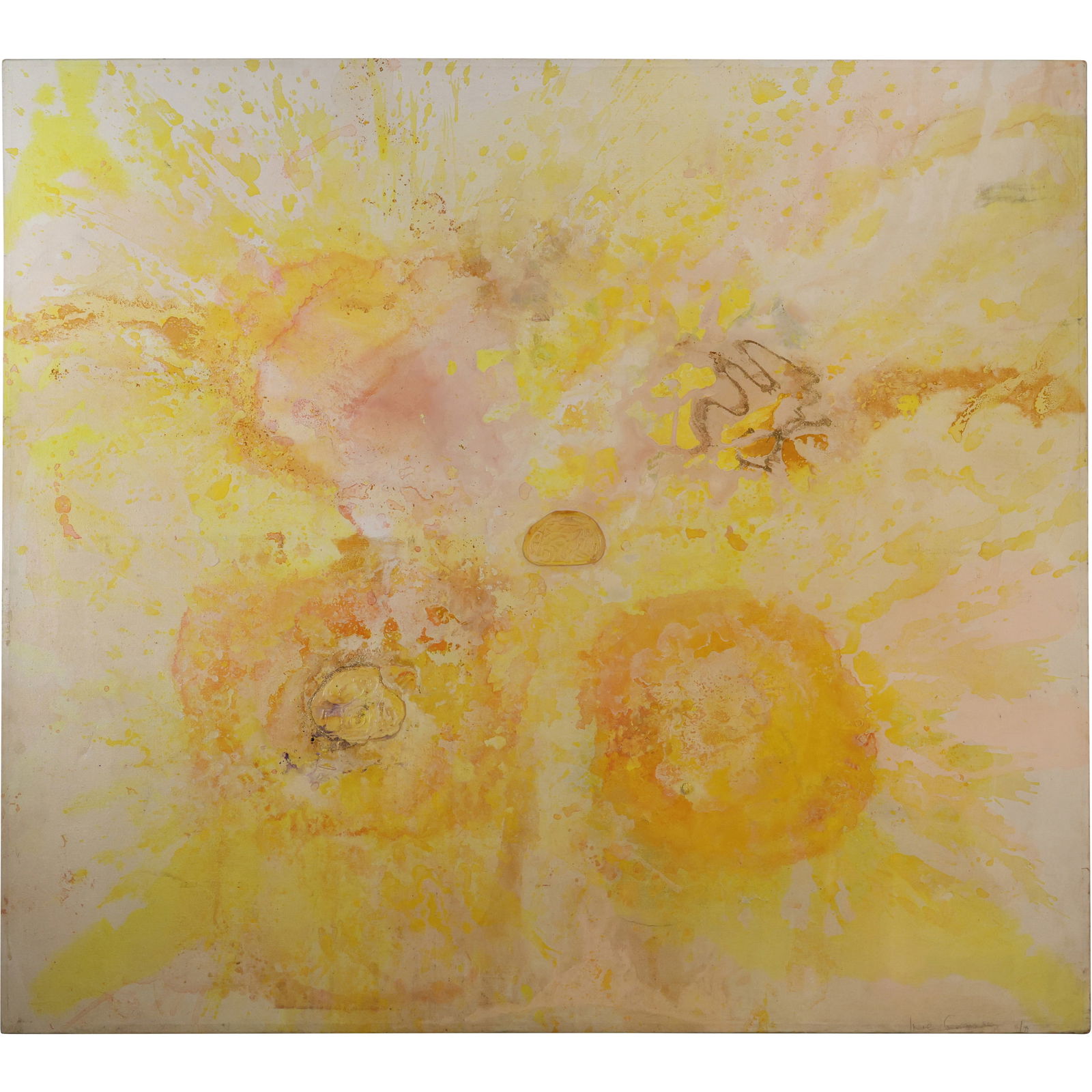 Artist Signed Large Size 20th C. Yellow Abstract Oil on Canvas Painting 48 in. x 54 in (1 of 14)