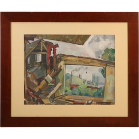 Karl Sherman, Gouache Painting, Backyard Scene, Signed, Framed