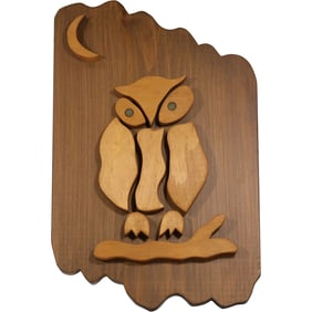 1980s Wood OWL Wall Decorative Plaque 16 inches height x 11.5 in. wide