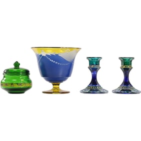 4 Piece Estate Grouping Decorative Vintage Colored Glass, Pedestal Bowl, Pair Candlesticks,