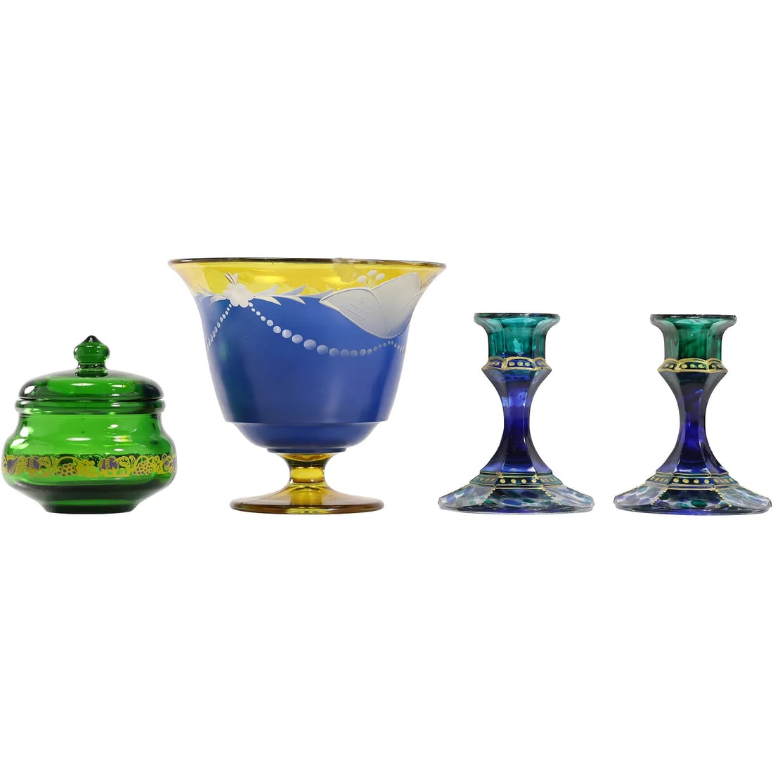 4 Piece Estate Grouping Decorative Vintage Colored Glass, Pedestal Bowl, Pair Candlesticks, (1 of 16)