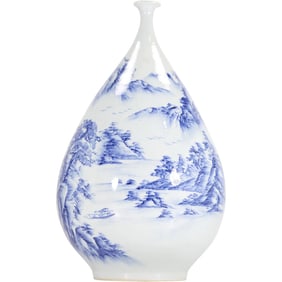 Signed Chinese Large ovoid porcelain vase featuring a blue and white landscape design 16 in. height