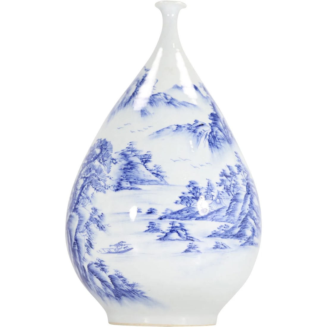 Signed Chinese Large ovoid porcelain vase featuring a blue and white landscape design 16 in. height (1 of 16)