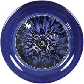 handmade, purple and black decorative ceramic bowl by artist Steve Mahler. 12 inches diameter