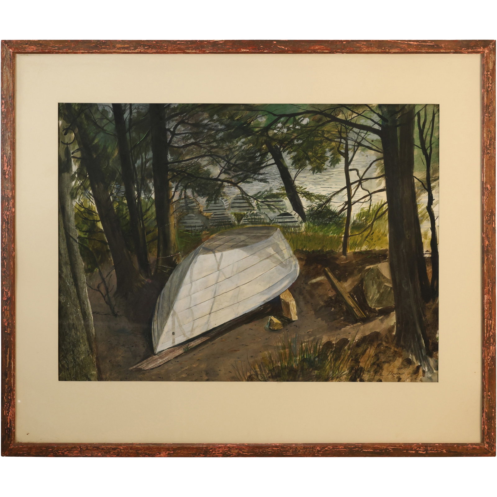 James Franklin Shores (Born 1942 American], Watercolor Painting Boat Stored on Shore Bank: This item requires an appointment scheduled via email (donny@donnymaloneauctions.com) at least 24 hours before pick-up. size: James Franklin Shores (Born 1942 American], Watercolor Painting Boat Store