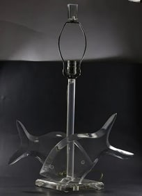 Mid-Century Modern Clear Lucite TWO FISH Table Lamp 26 in. Overall Height, with Lucite Finial