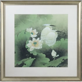 Framed Print Chinese Egrets in Foliage Setting